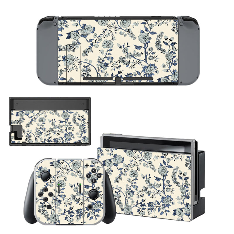 Vector Flower Blue Pattern Skin Sticker For Nintendo Switch & Nintendo Switch OLED