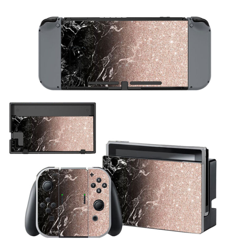 Gleaming Rose Gold Veins On A Black Marble Texture Decal Cover For Nintendo Switch OLED & Nintendo Switch