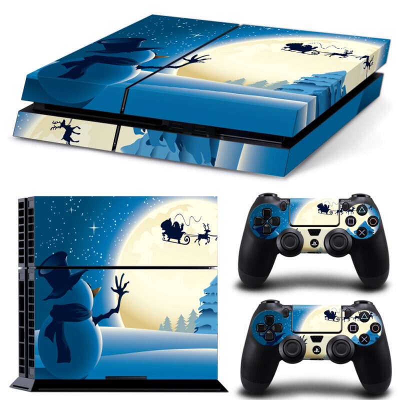 Snowman Looking At Silhouette Of Santa Claus In Sleigh PS4 Skin Sticker