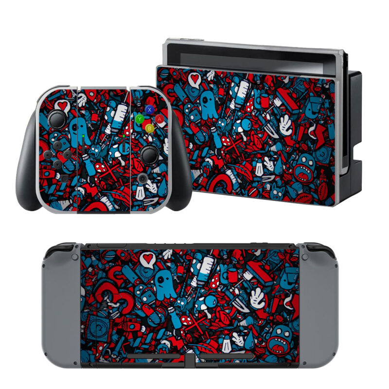 Blue And Red Sticker Bomb Decal Cover For Nintendo Switch & Nintendo Switch OLED