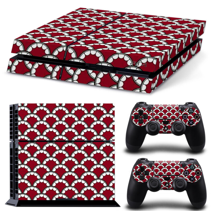 White And Red Line Japanese Wave Pattern On Maroon Texture Skin Sticker For PS4 And Controllers