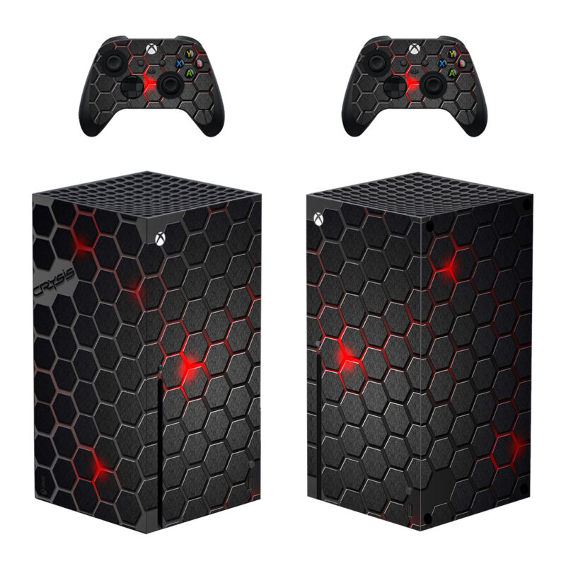Abstract Black Hexagon Pattern On Red Neon Background Skin Sticker For Xbox Series X And Controllers