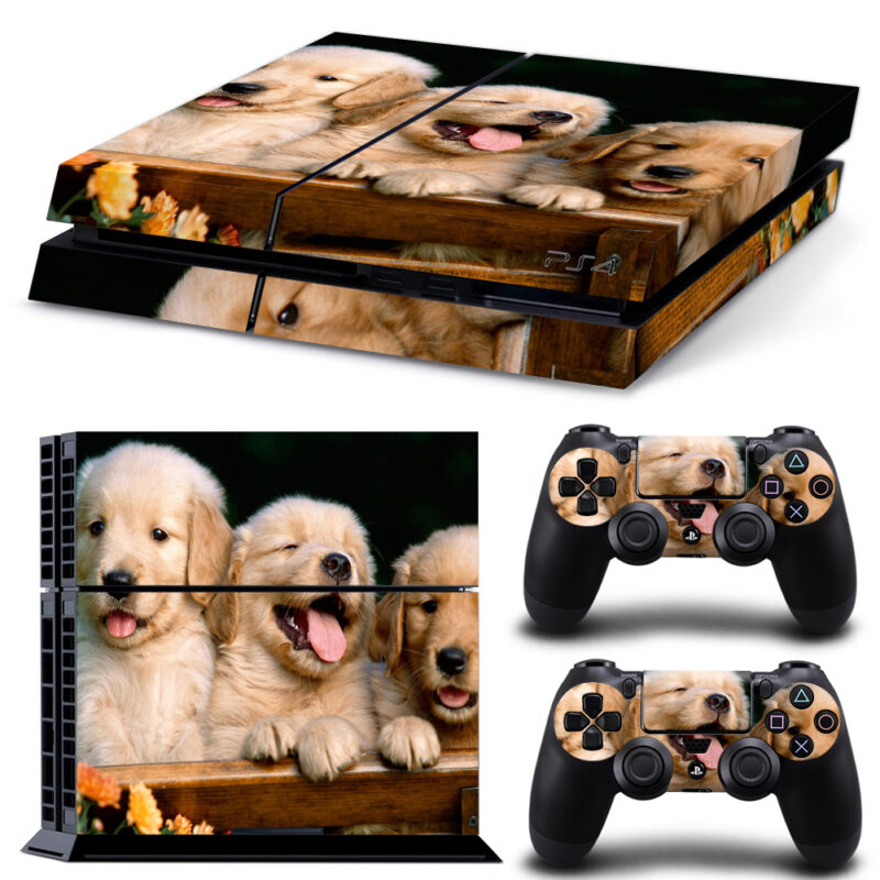 Three Golden Retriever On Wooden Bench PS4 Skin Sticker