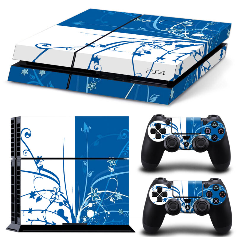 Blue Floral Swirl Pattern Skin Sticker For PS4 And Controllers