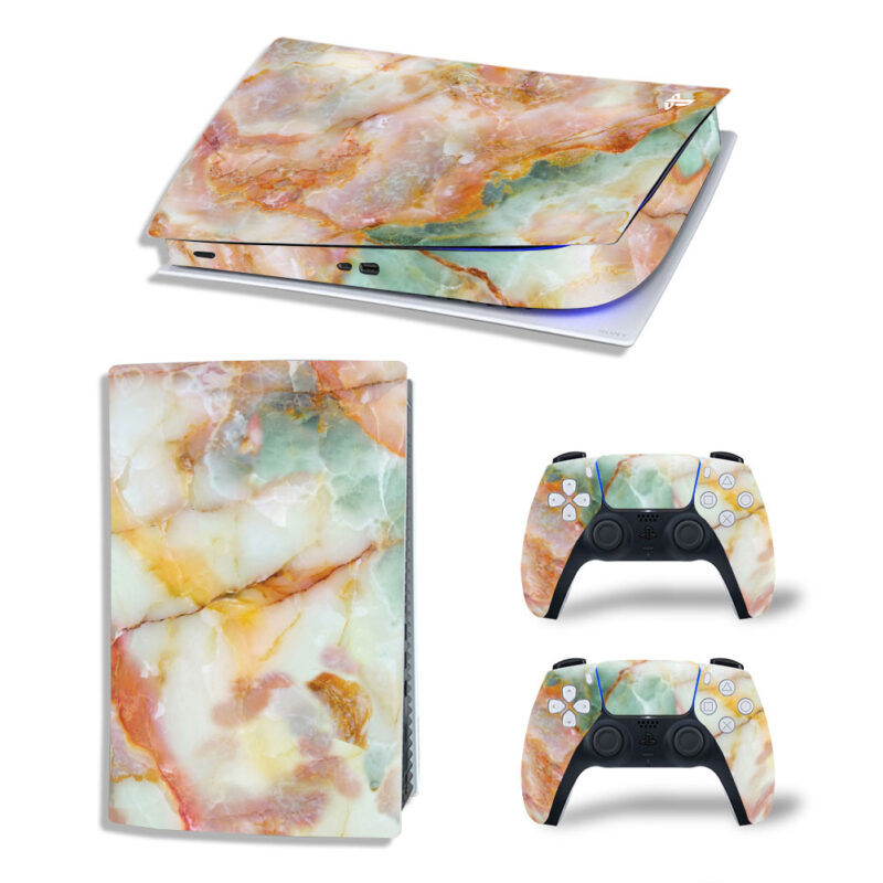 Cracked Orange And Green Crystal Marble Skin Sticker Decal For PS5 Digital Edition And Controllers