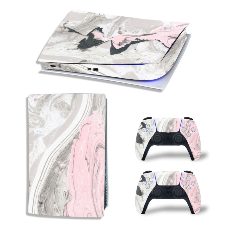 Pink White And Black Liquid Marble Texture Skin Sticker Decal For PS5 Digital Edition And Controllers