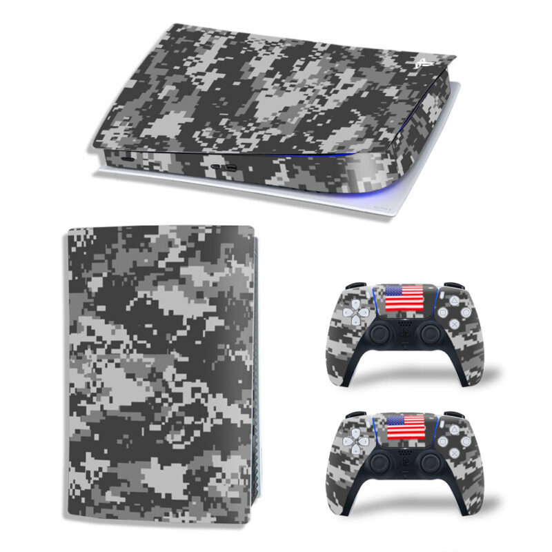 Digital Gray Pixel Camouflage And USA Flag Skin Sticker Decal For PS5 Digital Edition And Controllers