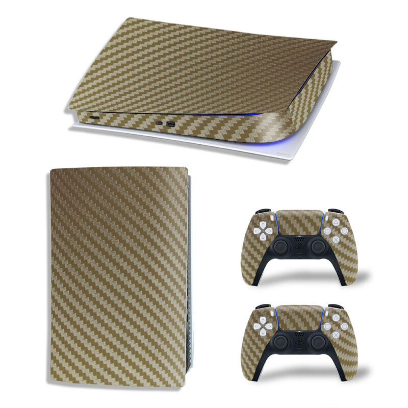 Light Brown 3D Carbon Fiber Pattern Skin Sticker Decal For PS5 Digital Edition And Controllers