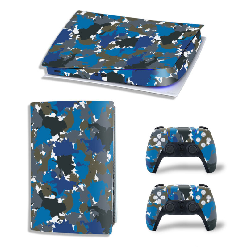 Blue Gray And Black Camouflage Pattern Skin Sticker Decal For PS5 Digital Edition And Controllers