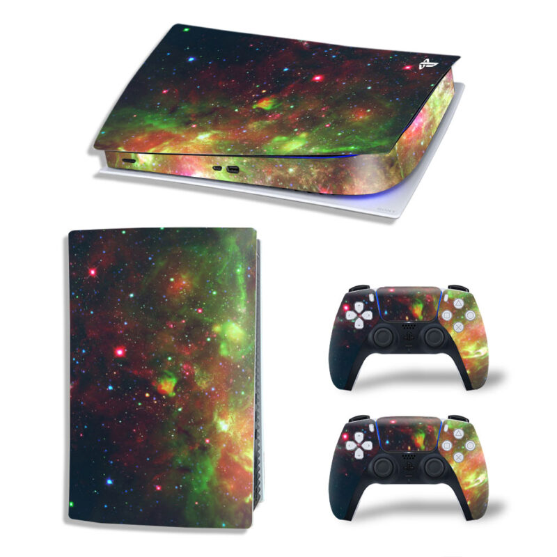 Abstract Green Nebula With Red Star Skin Sticker Decal For PS5 Digital Edition And Controllers