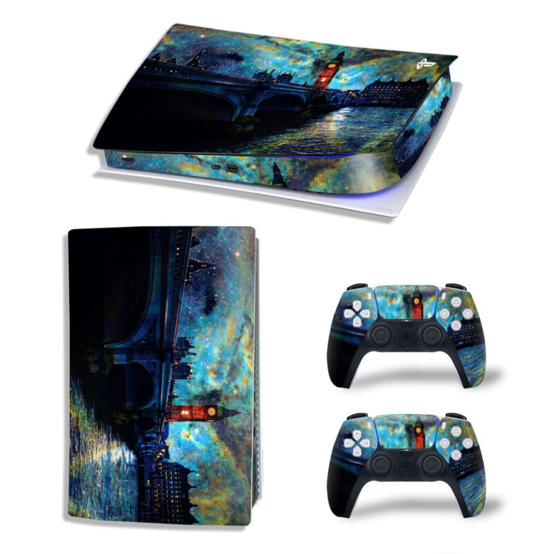 Fantasy Night In London Thames Painting Skin Sticker Decal For PS5 Digital Edition And Controllers