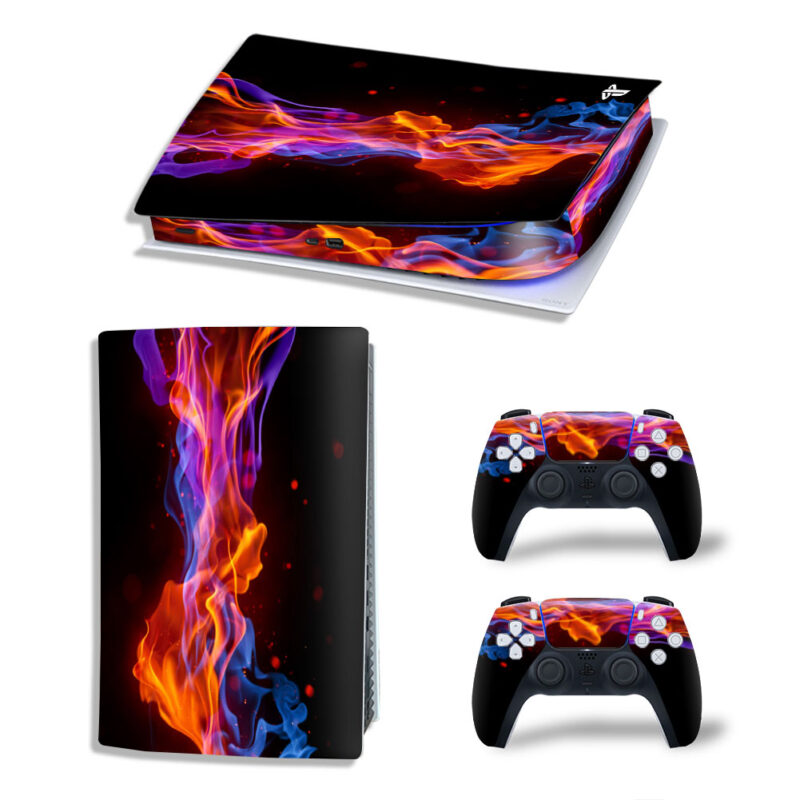 Abstract Blue And Red Fire Flame On Black Skin Sticker Decal For PS5 Digital Edition And Controllers