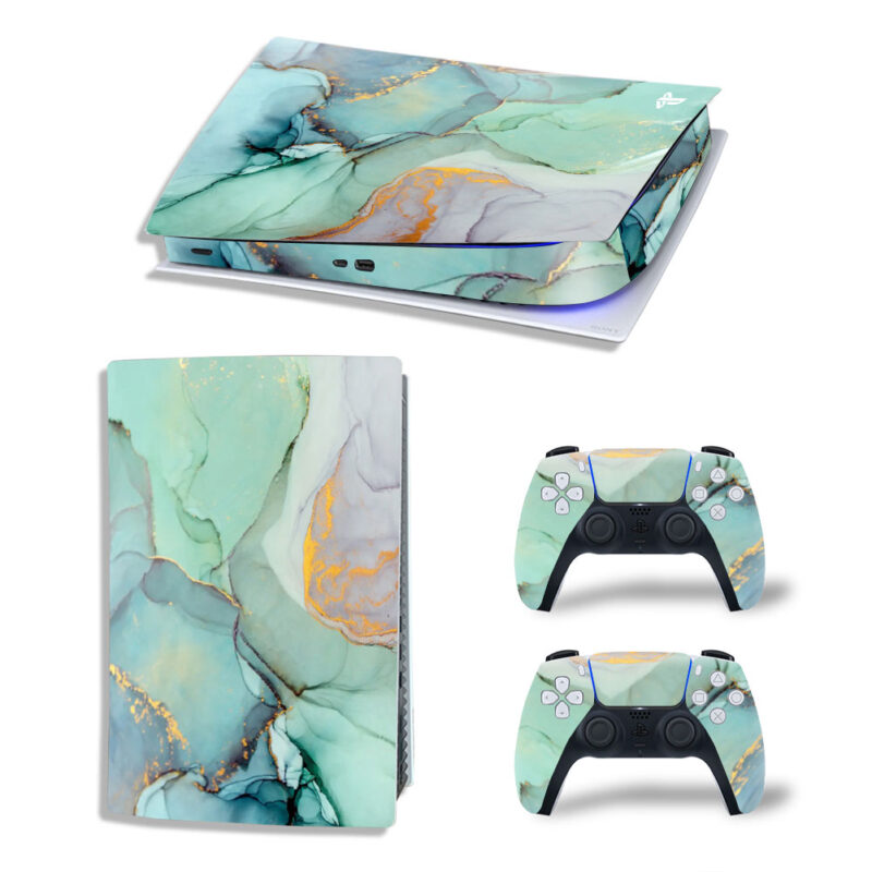 Abstract White Turquoise Green Marble Texture Skin Sticker Decal For PS5 Digital Edition And Controllers