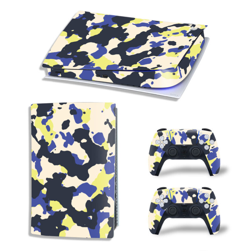 Yellow And Blue Camouflage Pattern Skin Sticker Decal For PS5 Digital Edition And Controllers