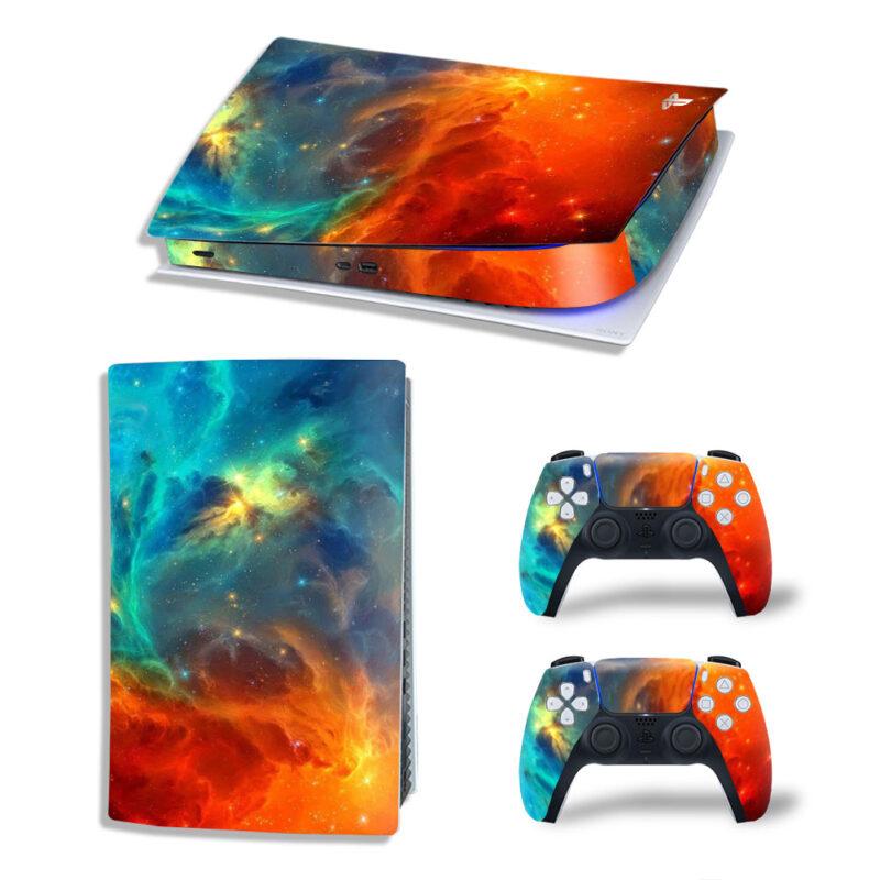 Abstract Orange And Blue Galaxy With Stars Skin Sticker Decal For PS5 Digital Edition And Controllers
