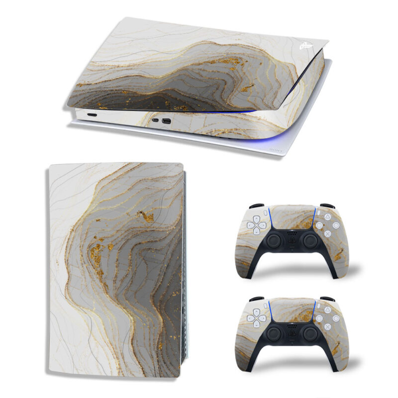 Abstract White Grey And Gold Glitter Marble Skin Sticker Decal For PS5 Digital Edition And Controllers