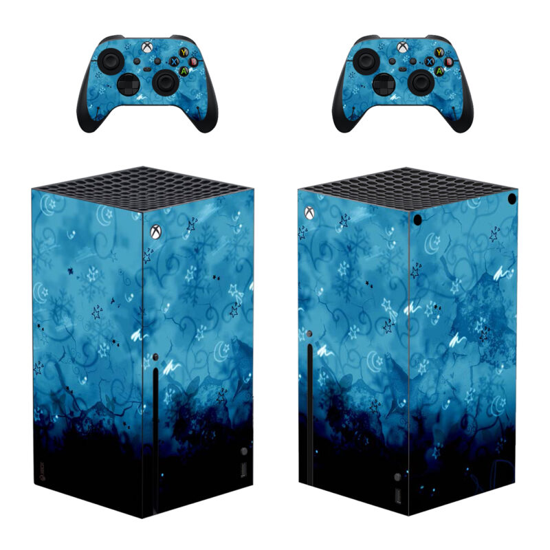 Abstract Snowflake And Floral Vector On Blue Texture Skin Sticker For Xbox Series X And Controllers