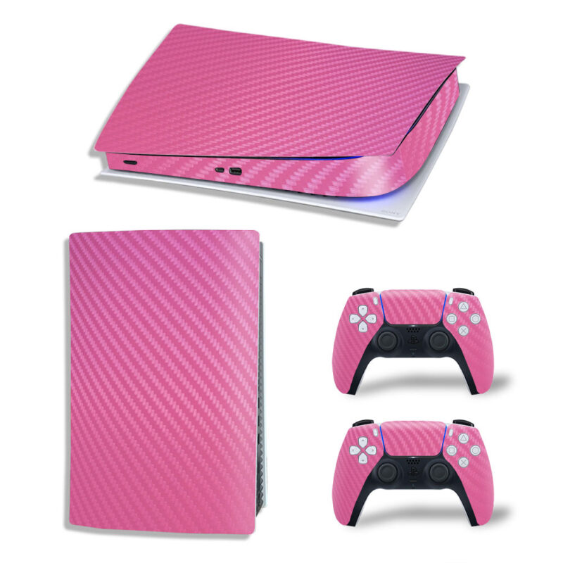 Pink 3D Carbon Fiber Pattern Skin Sticker Decal For PS5 Digital Edition And Controllers