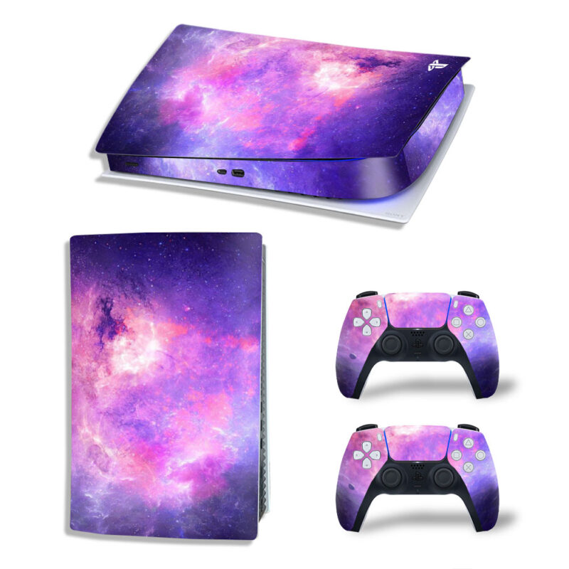 Purple And Red Nebula Space With Stars Skin Sticker Decal For PS5 Digital Edition And Controllers