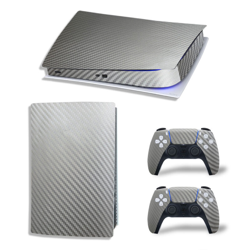 Silver Color 3D Carbon Fiber Pattern Skin Sticker Decal For PS5 Digital Edition And Controllers