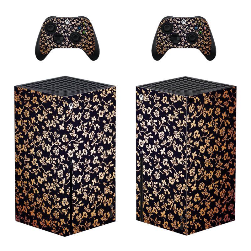 Seamless Rose Gold Foil Flower Vector On Black Texture Skin Sticker For Xbox Series X And Controllers