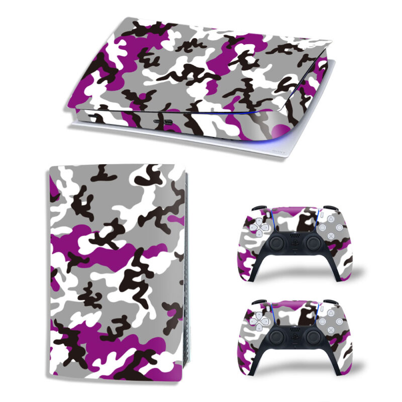 Purple Camouflage Pattern Skin Sticker Decal For PS5 Digital Edition And Controllers