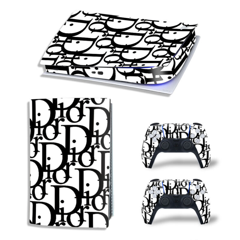 Black And White Dior Pattern Skin Sticker Decal For PS5 Digital Edition And Controllers