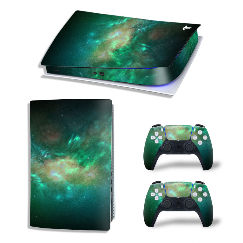 Abstract Green Galaxy In Space Skin Sticker Decal For PS5 Digital Edition And Controllers