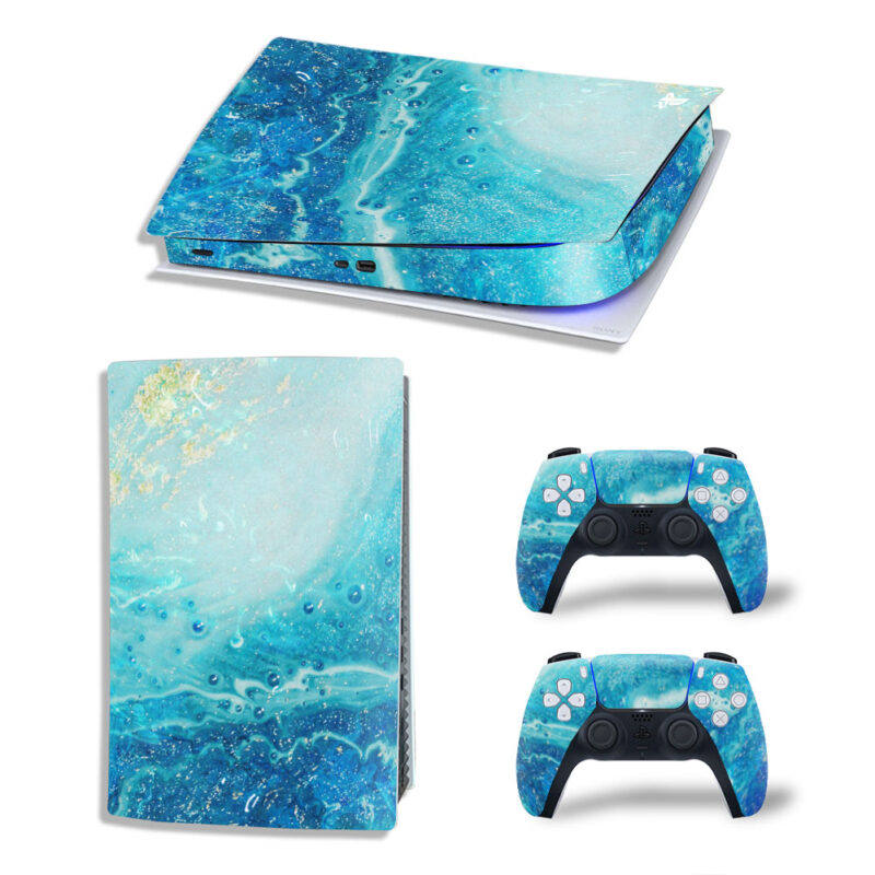 Abstract Blue Glitter Marble Skin Sticker Decal For PS5 Digital Edition And Controllers