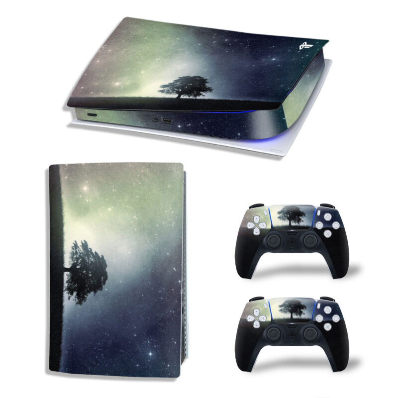 Galaxy Night Sky With Dark Tree Skin Sticker Decal For PS5 Digital Edition And Controllers