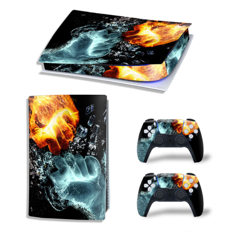 Abstract 3D Fire And Ice Punch Art Skin Sticker Decal For PS5 Digital Edition And Controllers