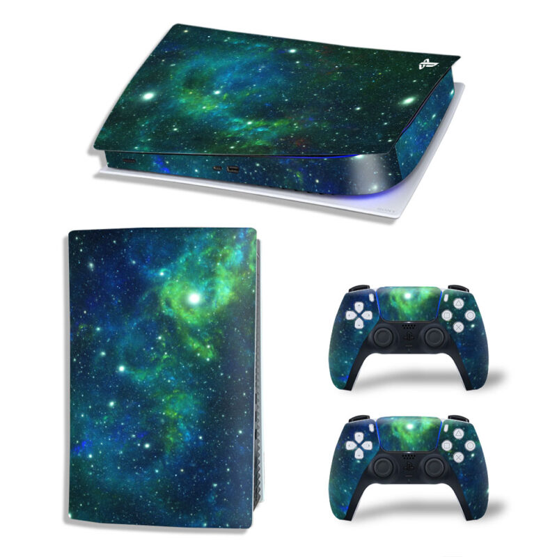 Green Galaxy Space With Blue Stars Skin Sticker Decal For PS5 Digital Edition And Controllers