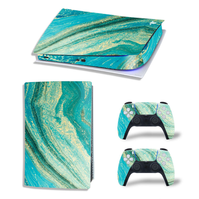 Abstract Mixed Turquoise Marble Painting Skin Sticker Decal For PS5 Digital Edition And Controllers