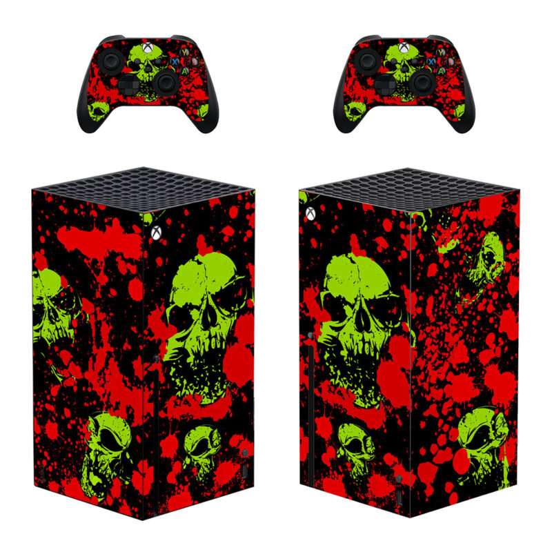 Abstract Green Skull With Blood Splash Texture Skin Sticker For Xbox Series X And Controllers