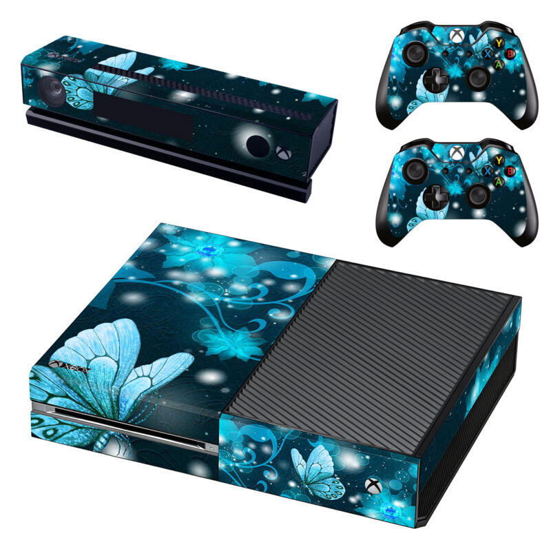 Abstract Blue Butterfly With Flowers Xbox One Skin Sticker