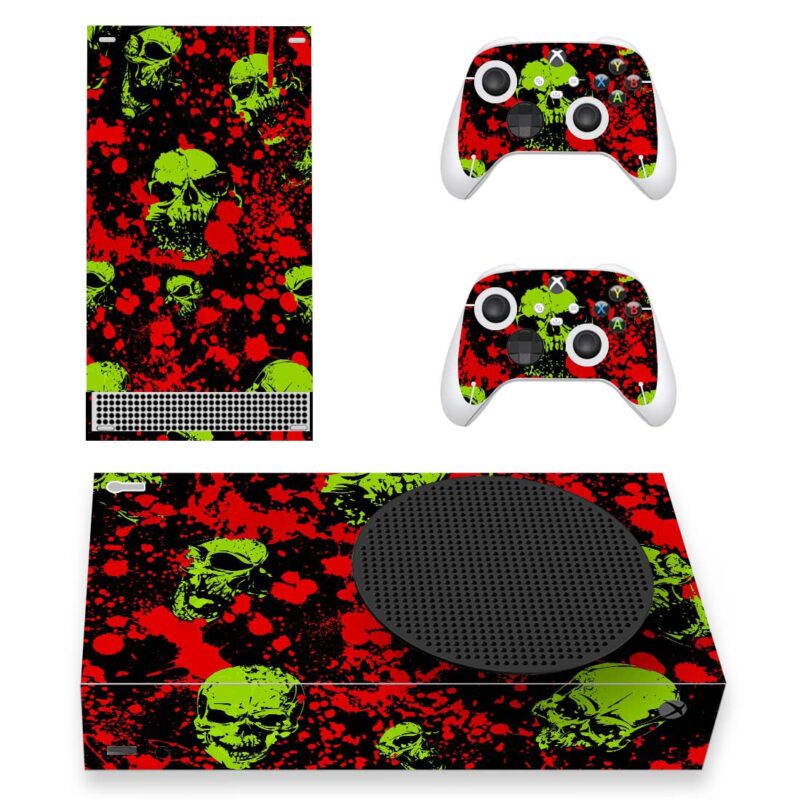 Abstract Green Skull With Blood Splash Texture Skin Sticker For Xbox Series S And Controllers Design 1