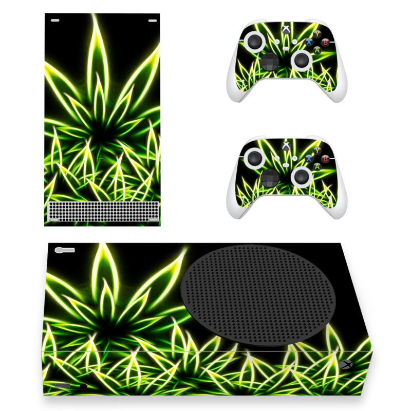 Green Neon Weed Leaves On Black Texture Skin Sticker For Xbox Series S And Controllers