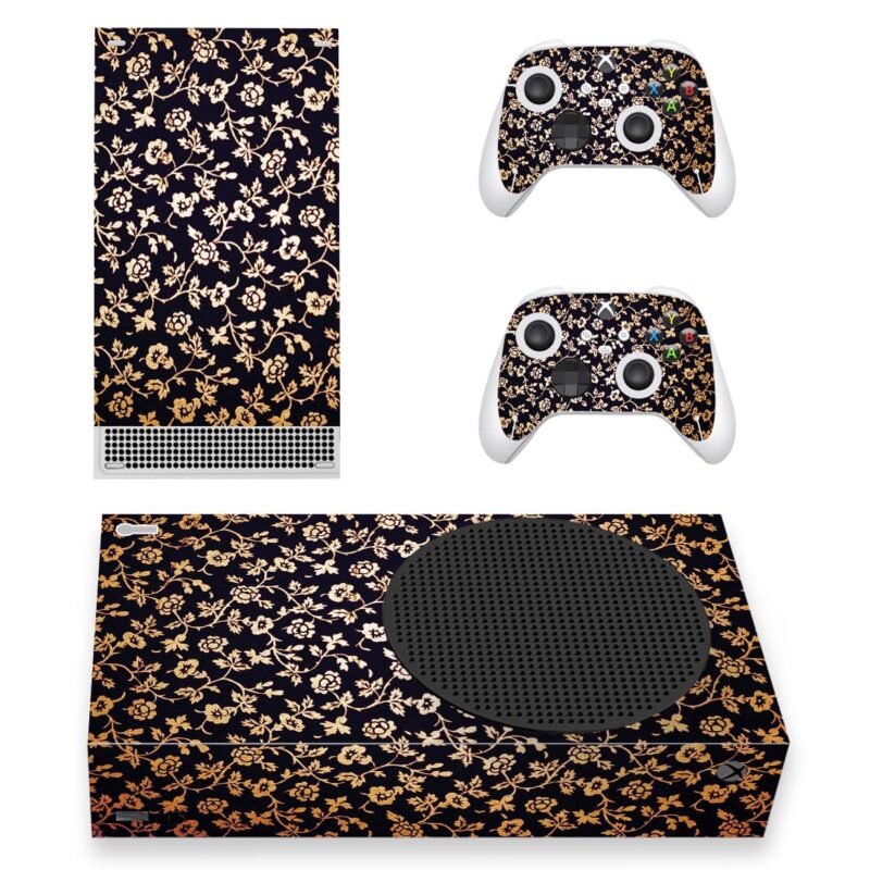 Seamless Rose Gold Foil Flower Vector On Black Texture Skin Sticker For Xbox Series S And Controllers