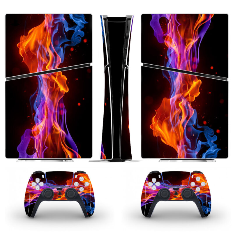 Abstract Blue And Red Fire Flame On Black PS5 Slim Skin Sticker