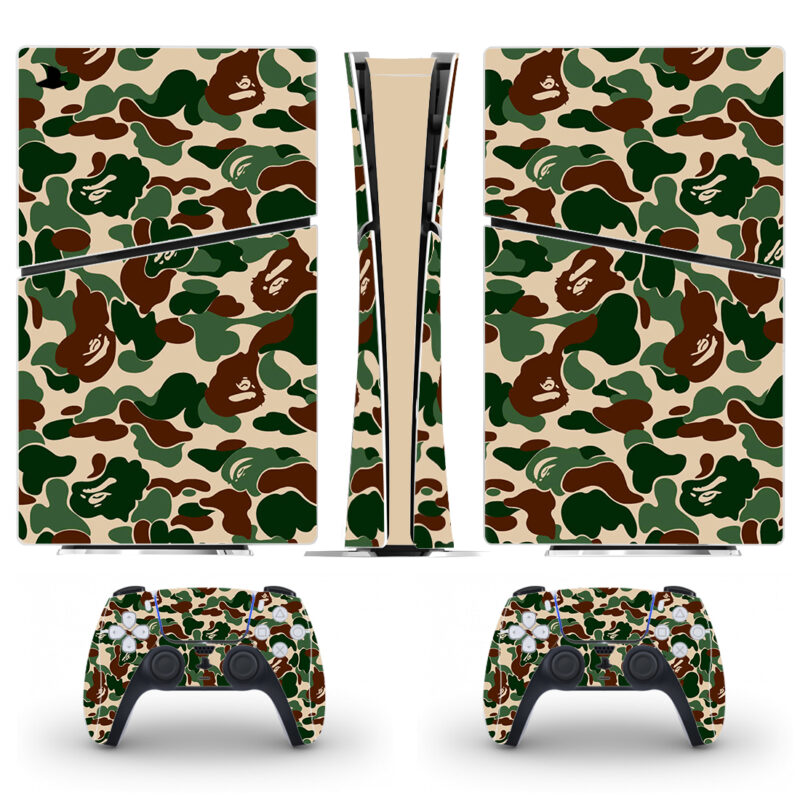 Green And Brown Bape Camouflage Pattern PS5 Slim Skin Sticker