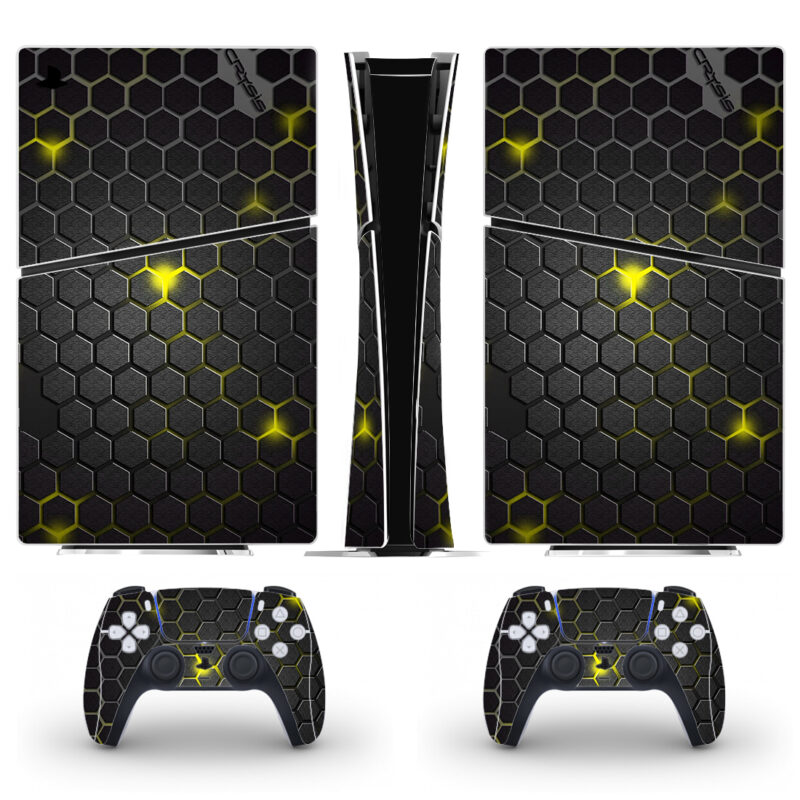 Crysis Dark Gray And Yellow Hexagon Pattern PS5 Slim Skin Sticker