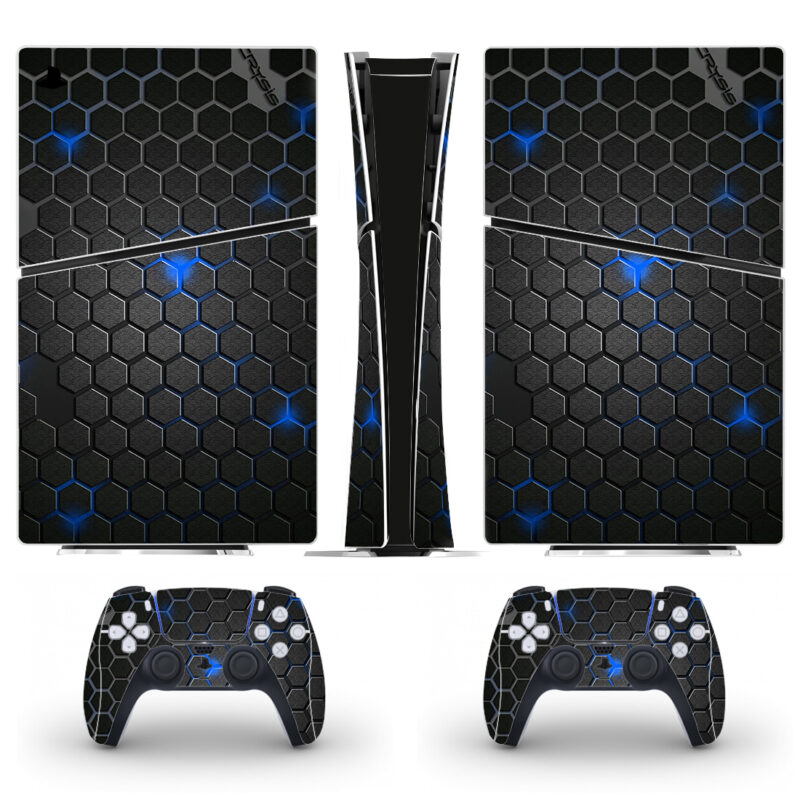 Crysis Dark Gray And Blue Hexagon Pattern PS5 Slim Skin Sticker