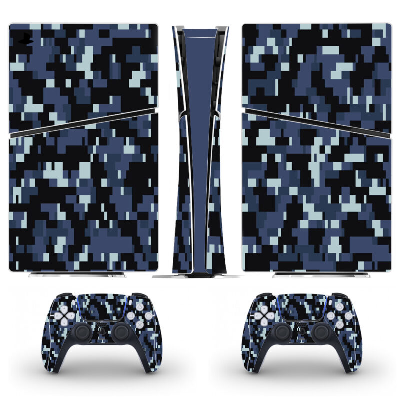 Digital Pixel Blue Black And White Camouflage Pattern PS5 Slim Skin Sticker