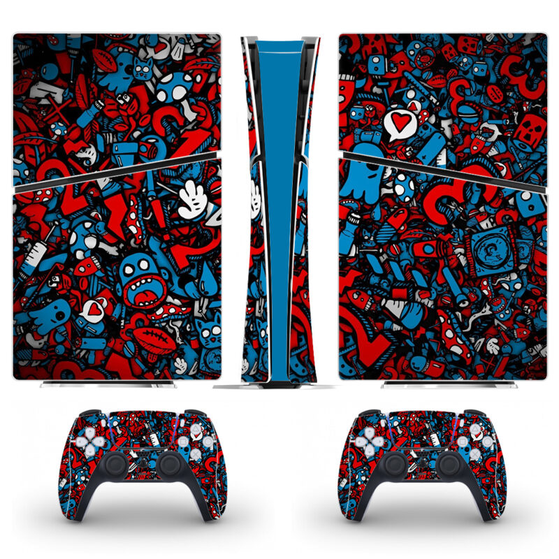 Blue And Red Color Sticker Bomb PS5 Slim Skin Sticker