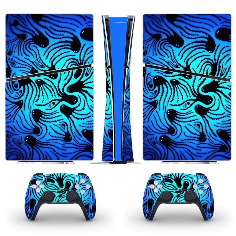 Abstract Black Octopus On Blue Pattern PS5 Slim Skin Sticker