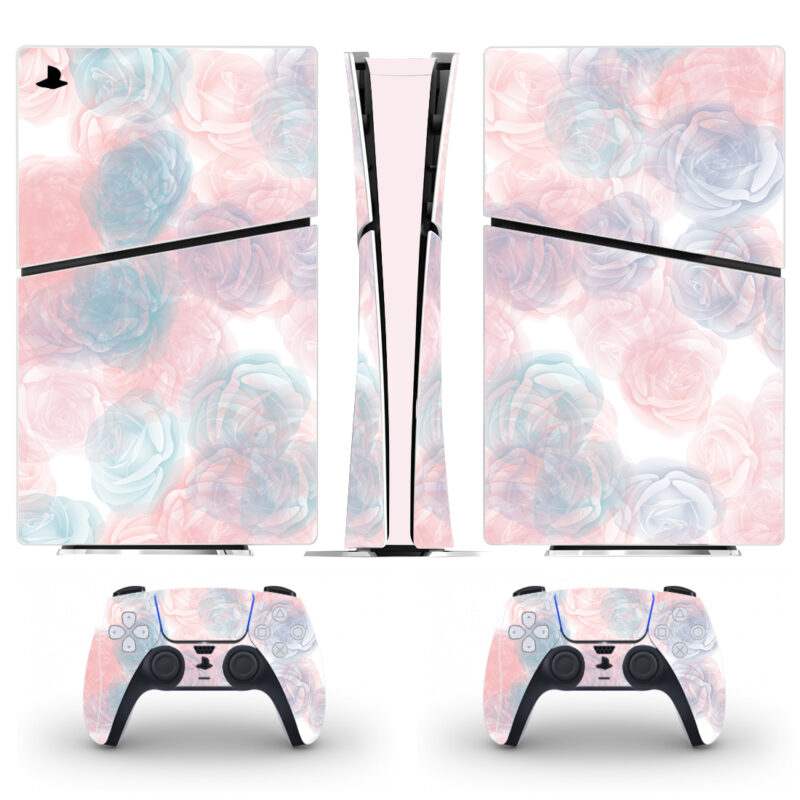 Pink Blue Ink Flower Watercolor Pattern PS5 Slim Skin Sticker