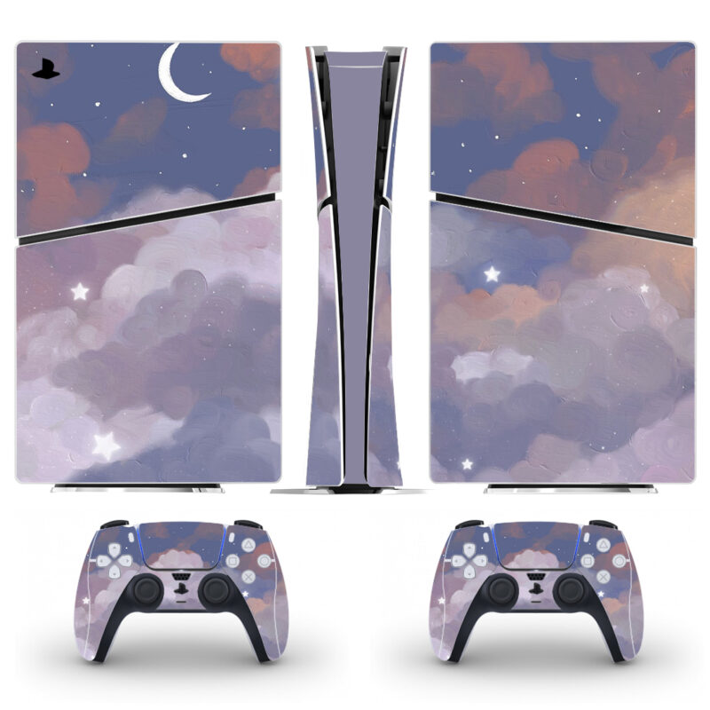 Watercolor Painting Of Night Sky With Crescent Moon PS5 Slim Skin Sticker