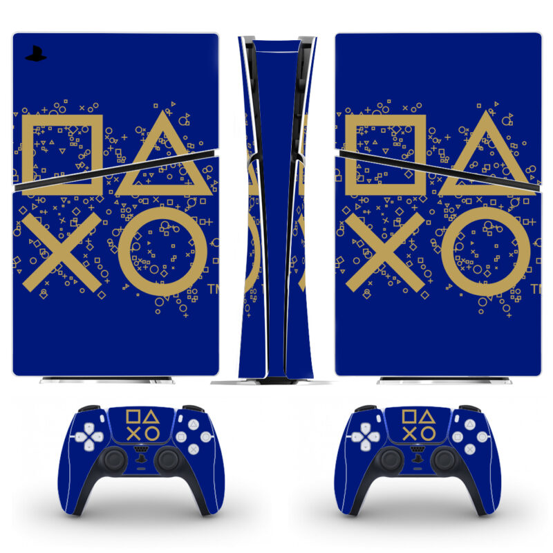 Golden Playstation Symbols On Blue PS5 Slim Skin Sticker