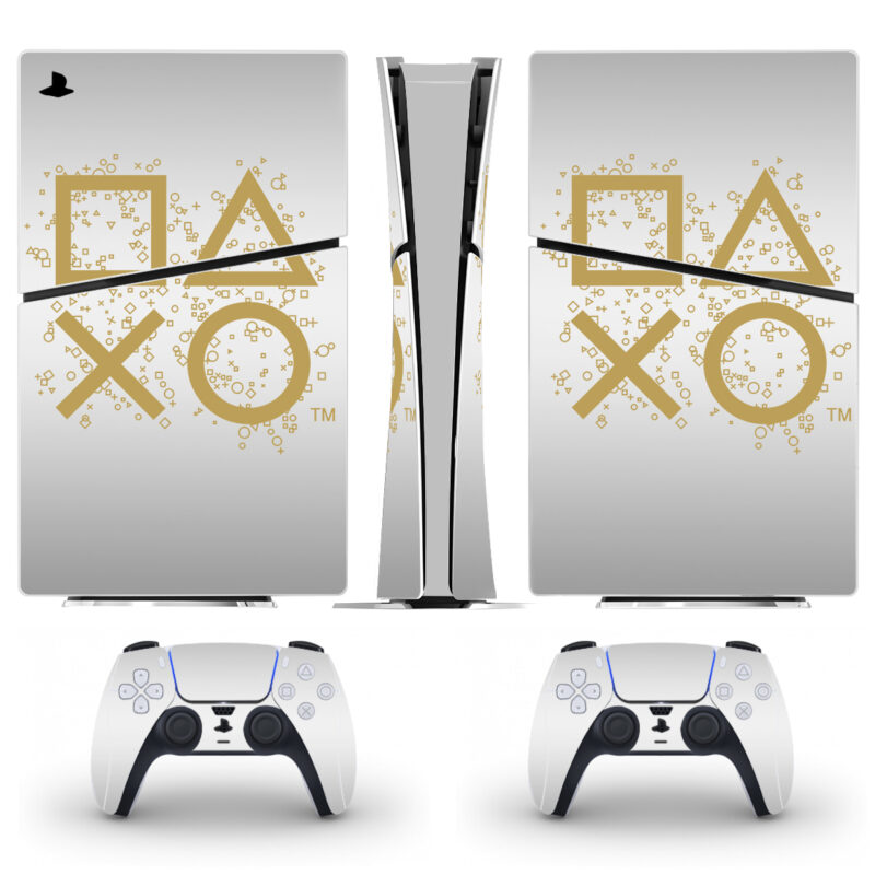 Gold Playstation Symbols On White PS5 Slim Skin Sticker