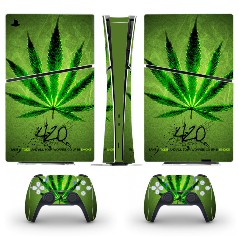 Green Marijuana Leaf 420 PS5 Slim Skin Sticker